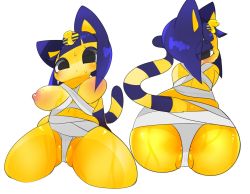 1girl animal_crossing ankha_(animal_crossing) anus ass back black_eyes blue_hair breasts breasts_apart ebi10000000000 egyptian furry furry_female highres large_breasts nintendo nipples open_mouth partially_visible_vulva plump short_hair solo tail thick_thighs thighs wet white_background