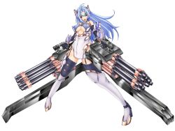 1girl android animal_ears blue_hair breasts cleavage cyborg female_focus forehead_protector garter_straps gatling_gun gluteal_fold gotamin huge_weapon kos-mos large_breasts long_hair minigun solo thighhighs underboob weapon xenosaga