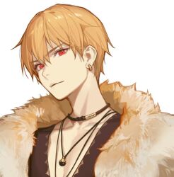 Rule 34 | 1boy, ask (askzy), bishounen, black choker, black shirt, blonde hair, chinese commentary, choker, closed mouth, collarbone, commentary request, ear piercing, earrings, expressionless, fate/grand order, fate (series), fur-trimmed jacket, fur trim, gilgamesh (fate), hoop earrings, jacket, jewelry, male focus, necklace, pectoral cleavage, pectorals, piercing, red eyes, shirt, short hair, simple background, solo, thick eyebrows, upper body, white background