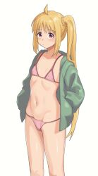 Rule 34 | 1girl, ahoge, bare legs, bikini, blonde hair, bocchi the rock!, closed mouth, feet out of frame, green jacket, highres, ijichi nijika, jacket, looking at viewer, navel, one side up, open clothes, open jacket, open mouth, pink bikini, red eyes, simple background, solo, swimsuit, white background, xion (pulilulu)
