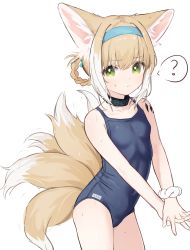 Rule 34 | 1girl, ?, animal ears, arknights, blue hairband, blue one-piece swimsuit, braid, brown hair, commentary, covered navel, flat chest, fox ears, fox girl, fox tail, gachigachi, green eyes, hairband, highres, infection monitor (arknights), looking at viewer, material growth, multiple tails, one-piece swimsuit, oripathy lesion (arknights), scrunchie, short hair, simple background, solo, spoken question mark, suzuran (arknights), swimsuit, symbol-only commentary, tail, wet, white background, white scrunchie, wrist scrunchie