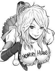 Rule 34 | 1girl, bad girl, baseball bat, body writing, breasts, cleavage, dress, english text, engrish text, gloves, grasshopper manufacture, greyscale, itou eito, lolita fashion, long hair, monochrome, no more heroes, ranguage, smile, solo, writing