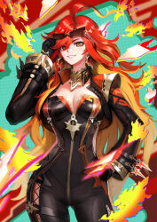 1girl ahoge black_bikesuit black_gloves breasts cleavage clothing_cutout genshin_impact gloves highres large_breasts long_hair looking_at_viewer mavuika_(genshin_impact) multicolored_eyes multicolored_hair orange_eyes orange_hair red_eyes red_hair seho_park_187 smile solo sun-shaped_pupils sun_earrings sunburst_iris sunglasses