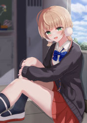 Rule 34 | 1girl, :d, absurdres, ahoge, black socks, blue bow, blue bowtie, blunt bangs, blush, bow, bowtie, cardigan, classroom, collared shirt, cowlick, dress shirt, green eyes, grey cardigan, hair ornament, highres, hugging own legs, indie virtual youtuber, indoors, knee up, light brown hair, long sleeves, looking at viewer, low twintails, miniskirt, open mouth, pleated skirt, pom pom (clothes), pom pom hair ornament, red skirt, school, school uniform, shigure ui (vtuber) (2nd costume), shigure ui (vtuber), shirt, shoes, short hair, short twintails, sitting, skirt, smile, socks, solo, suama suma, twintails, uwabaki, virtual youtuber, white shirt, window