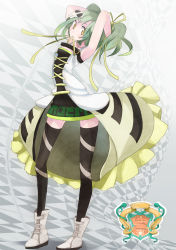 Rule 34 | adjusting hair, armpits, arms behind back, arms up, black thighhighs, boots, dress, green hair, hair ribbon, highres, long hair, mouth hold, original, ribbon, skull, solo, striped clothes, striped thighhighs, tansuke, thighhighs, yellow eyes