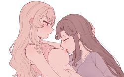 Rule 34 | 2girls, blonde hair, blush, breast press, breasts, brown hair, closed eyes, clothes lift, hand on another&#039;s head, highres, large breasts, licking nipple, long hair, multiple girls, nipple stimulation, nipples, open mouth, red eyes, rickonrk, saijou claudine, shirt lift, shoujo kageki revue starlight, simple background, sweat, tendou maya, white background, yuri