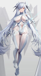 Rule 34 | 1girl, absurdres, bodysuit, breasts, cinderella (nikke), cleavage cutout, clothing cutout, gluteal fold, goddess of victory: nikke, highres, large breasts, leg cutout, long hair, looking at viewer, mokuren (mozukukirai88), navel, navel cutout, parted lips, red eyes, solo, thigh gap, twintails, very long hair, white bodysuit, white hair