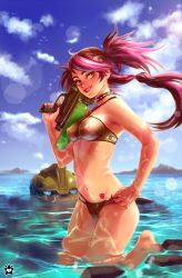 Rule 34 | 1boy, 1girl, bare shoulders, barefoot, beach, bikini, breasts, bulkhead, choker, cloud, day, covered erect nipples, grin, highres, insignia, lens flare, long hair, looking at viewer, miko nakadai, multicolored hair, nail polish, navel, aged up, outdoors, parted lips, partially submerged, ponytail, red hair, sky, smile, standing, strap pull, swimsuit, tattoo, transformers, transformers prime, trigger discipline, two-tone hair, unkai tenshi, water, water gun, weapon, yellow eyes
