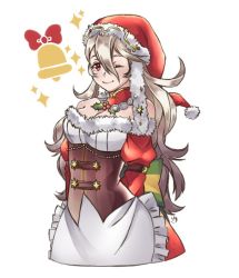 Rule 34 | arms behind back, bare shoulders, bell, breasts, cleavage, corrin (female) (fire emblem), corrin (fire emblem), corset, cosplay, detached collar, dress, fire emblem, fire emblem awakening, fire emblem fates, fire emblem heroes, fur trim, hat, lissa (fire emblem), lissa (fire emblem) (cosplay), lissa (winter) (fire emblem), long hair, long sleeves, maji (majibomber), medium breasts, nintendo, one eye closed, red eyes, santa hat, simple background, smile, solo, strapless, strapless dress, white background, white hair