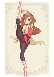 Rule 34 | 1girl, barefoot, blush, brown hair, feet, green eyes, highres, katrielle layton, layton&#039;s mystery journey, leg hold, leggings, level-5, long hair, looking at viewer, open mouth, professor layton, soles, toes