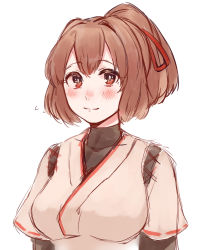 Rule 34 | 10s, 1girl, bad id, bad pixiv id, blush, brown eyes, brown hair, hair ribbon, highres, ise (kancolle), japanese clothes, kantai collection, nontraditional miko, ponytail, ribbon, short hair, simple background, solo, tamawo (mu gi2), white background