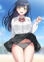 Rule 34 | 1girl, black hair, blue sky, blurry, blurry background, blush, bow, bowtie, breasts, collared shirt, commentary request, day, dress shirt, fingernails, floating hair, gluteal fold, green eyes, green skirt, hand up, head tilt, high-waist skirt, highres, large breasts, long hair, long sleeves, looking at viewer, mibushiro, navel, open mouth, original, outdoors, panties, pantyshot, plaid, plaid panties, red bow, shirt, skirt, sky, solo, standing, straight hair, striped bow, striped bowtie, striped clothes, sweatdrop, teeth, thigh gap, thighs, underwear, upper teeth only, white shirt, wind, wind lift, wing collar