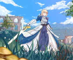 Rule 34 | 1girl, 2021, absurdres, ahoge, armor, artoria pendragon (all), artoria pendragon (fate), blonde hair, blue skirt, blue sky, braid, breastplate, character name, dated, determined, excalibur (fate/stay night), fate/grand order, fate (series), french braid, gauntlets, grass, green eyes, highres, juliet sleeves, long sleeves, mountainous horizon, nullnat, puffy sleeves, purple ribbon, ribbon, saber (fate), skirt, sky, solo