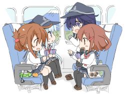 Rule 34 | 10s, 4girls, :d, :o, akatsuki (kancolle), anchor symbol, black socks, blue eyes, blue skirt, blush, bottle, brown eyes, brown hair, card, commentary request, cracker, day, fang, fang out, flat cap, folded ponytail, food, food in mouth, fruit, hair ornament, hairclip, hat, hibiki (kancolle), hizuki yayoi, holding, holding card, ikazuchi (kancolle), inazuma (kancolle), kantai collection, kneehighs, kneeling, loafers, long hair, long sleeves, mandarin orange, mount fuji, mouth hold, multiple girls, neckerchief, open mouth, playing card, playing games, pleated skirt, pointing, purple eyes, purple hair, school uniform, serafuku, shoes, short hair, silver hair, sitting, skirt, smile, socks, sparkle, thighhighs, train, train interior, window