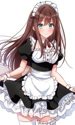 Rule 34 | 1girl, apron, black dress, blurry, blush, bow, bowtie, breasts, brown bow, brown bowtie, brown hair, brown ribbon, closed mouth, collar, cowboy shot, depth of field, dot nose, dress, dress bow, floating hair, frilled apron, frilled dress, frills, green eyes, hair bow, hair ribbon, highres, idolmaster, idolmaster cinderella girls, idolmaster cinderella girls starlight stage, light particles, long hair, looking at viewer, maid, maid headdress, medium breasts, puffy short sleeves, puffy sleeves, ribbon, scrunchie, shibuya rin, short sleeves, shy, simple background, skirt hold, solo, standing, thighhighs, waist apron, white apron, white background, white collar, white scrunchie, white thighhighs, wrist scrunchie, yukiya (shiya)