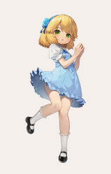 Rule 34 | 1girl, :o, absurdres, black footwear, blonde hair, blue dress, blue flower, blue hairband, blue rose, blush, bobby socks, commentary request, dress, flower, full body, green eyes, grey background, hair flower, hair ornament, hairband, hands up, highres, kankou tokudou, looking at viewer, original, own hands together, parted lips, puffy short sleeves, puffy sleeves, rose, shirt, short sleeves, simple background, sleeveless, sleeveless dress, socks, solo, white shirt, white socks