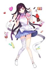 Rule 34 | 1girl, absurdres, apron, asymmetrical legwear, bandaged arm, bandaged leg, bandages, black hair, blue skirt, brown eyes, candy, chocolate, chocolate heart, crying, crying with eyes open, danganronpa (series), danganronpa 2: goodbye despair, food, full body, heart, heart-shaped food, highres, long hair, looking at viewer, mismatched legwear, mole, mole under eye, monomi (danganronpa), nurse, pill, pleated skirt, puffy short sleeves, puffy sleeves, purple hair, shoes, short sleeves, skirt, socks, solo, tears, transparent background, tsumiki mikan, white day, white footwear, wrapped candy