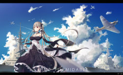 Rule 34 | 1girl, aircraft, airplane, artist name, azur lane, bare shoulders, battleship, between breasts, black dress, breasts, character name, cleavage, day, dress, formidable (azur lane), frilled dress, frills, grey hair, hair ribbon, highres, large breasts, letterboxed, long hair, long sleeves, looking at viewer, military, military vehicle, ocean, outdoors, red eyes, ribbon, ship, sin., solo, standing, twintails, two-tone dress, two-tone ribbon, very long hair, warship, watercraft