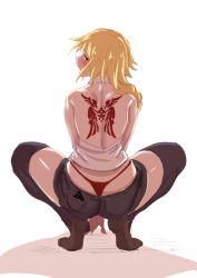 Rule 34 | 1girl, absurdres, ass, back, back tattoo, backless outfit, bare shoulders, black thighhighs, blonde hair, braid, brown footwear, command spell, commentary request, condom, condom wrapper, fate/apocrypha, fate (series), full body, hair over shoulder, halterneck, highres, jeanne d&#039;arc (fate), jeanne d&#039;arc (girl from orleans) (fate), jeanne d&#039;arc (ruler) (fate), loafers, long hair, looking back, panties, pocket, profile, red panties, shadow, shiny skin, shirt, shoes, short shorts, shorts, shoulder blades, simple background, single braid, solo, spread legs, squatting, tattoo, thighhighs, thighs, thong, ulrich (tagaragakuin), underwear, whale tail (clothing), white background, white shirt