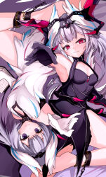 Rule 34 | 2girls, absurdres, armpits, bare shoulders, black choker, black dress, black gloves, black hair, breasts, chain, choker, cleavage, dark persona, dress, dual persona, fake horns, fire emblem, fire emblem engage, fire emblem heroes, gloves, grey hair, highres, horns, long hair, looking at viewer, multicolored hair, multiple girls, nintendo, official alternate costume, purple eyes, reaching, reaching towards viewer, red eyes, sleeveless, sleeveless dress, small breasts, smile, t hei (user uxky7438), two-tone hair, very long hair, veyle (fell successor) (fire emblem), veyle (fire emblem), white dress, white gloves, wing hair ornament