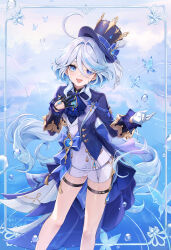 1girl 6u_(eternal_land) air_bubble asymmetrical_gloves black_gloves blue_eyes blue_gemstone blue_hair blue_hat bubble bug butterfly commentary_request drop-shaped_pupils floating_hair furina_(genshin_impact) gem genshin_impact gloves grey_hair hair_between_eyes half_gloves hand_on_own_chest hands_up hat heterochromia highres insect long_hair looking_at_viewer mismatched_gloves mismatched_pupils open_mouth shorts smile solo standing symbol-shaped_pupils thigh_strap top_hat vision_(genshin_impact) white_gloves white_shorts