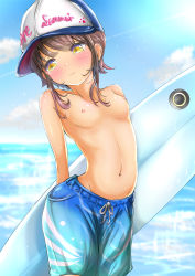 Rule 34 | 1girl, absurdres, bare shoulders, baseball cap, beach, blue male swimwear, blue sky, blue swim trunks, blush, breasts, brown hair, cloud, cloudy sky, cowboy shot, day, drawstring, female focus, gradient male swimwear, gradient swimsuit, hat, headwear writing, highres, holding, holding surfboard, looking away, male swimwear, male swimwear challenge, medium hair, ninyo (user pddg5877), nipples, ocean, original, outdoors, reverse trap, shiny skin, sky, small breasts, solo, standing, surfboard, sweat, swim trunks, swimsuit, tagme, topless, water, wet, yellow eyes