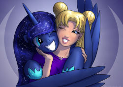 Rule 34 | 1girl, bishoujo senshi sailor moon, blonde hair, blue eyes, blue hair, crescent, crossover, double bun, foxi-5, hair bun, hand on another&#039;s cheek, hand on another&#039;s face, highres, horns, hug, hug from behind, jewelry, luna (my little pony), my little pony, my little pony: friendship is magic, one eye closed, parted bangs, pegasus, pendant, pony (animal), purple background, purple shirt, shirt, single horn, smile, trait connection, tsukino usagi, twintails, unicorn, upper body, wings