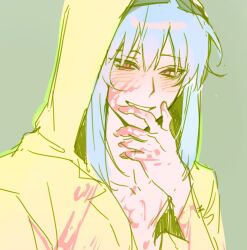 Rule 34 | 1boy, blood, blood on clothes, blood on face, blood on hands, blue hair, blush, green background, hood, hood up, jacket, long hair, looking at viewer, male focus, nu 0145, open clothes, open jacket, red eyes, simple background, sketch, smile, solo, teeth, ushirono fuyu, yellow jacket, zeno (game)