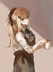 Rule 34 | 1girl, apron, black bow, black ribbon, blonde hair, blouse, blue eyes, bow, braid, braided bangs, closed mouth, cup, from side, g36 (girls&#039; frontline), girls&#039; frontline, hair between eyes, hair bow, hair ribbon, holding, holding cup, imoko (imonatsuki), long hair, looking at viewer, mug, ponytail, ribbon, shade, shirt, side braid, sidelocks, sleeves past elbows, solo, waitress, white shirt