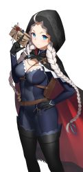 Rule 34 | 1girl, absurdres, ahoge, black cape, black footwear, black gloves, blue bodysuit, blue eyes, bodysuit, boots, braid, breasts, cape, capelet, cleavage, commission, commissioner upload, covered navel, crystal earrings, dhokidoki, earrings, eye mask, fire emblem, fire emblem fates, fire emblem heroes, gloves, grey eyes, highres, hood, hood up, hooded cape, jewelry, large breasts, leather, long hair, low twin braids, medium breasts, nina (fire emblem), nintendo, non-web source, o-ring, official alternate costume, parted bangs, red capelet, skin tight, thigh boots, transparent background, turtleneck, twin braids, two-tone bodysuit, two-tone cape, white hair