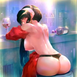 Rule 34 | 1girl, absurdres, alcohol, ass, black hair, bottle, breasts, cup, dimples of venus, drinking glass, highres, large breasts, long hair, nipples, panties, solo, spy x family, underwear, very long hair, wine, wine bottle, wine glass, yor briar