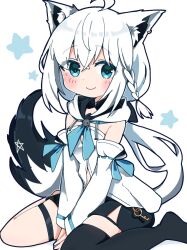 Rule 34 | 1girl, ahoge, animal ear fluff, animal ear piercing, animal ears, between legs, black shorts, black thighhighs, blue eyes, blue neckerchief, blush, braid, closed mouth, commentary request, detached sleeves, double-parted bangs, fox ears, fox girl, fox tail, front slit, grey hair, hand between legs, hololive, hood, hooded vest, hoodie, looking at viewer, neckerchief, pentagram, rabiiandrain, shirakami fubuki, shirakami fubuki (1st costume), short shorts, shorts, side braid, sidelocks, single thighhigh, sitting, smile, solo, strapless, tail, thigh strap, thighhighs, v arms, vest, virtual youtuber, wariza, white sleeves, wide sleeves