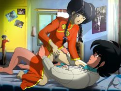 Rule 34 | bed, bedroom, blue hair, braid, braided bun, brown hair, chinese clothes, choujikuu yousai macross, cleft of venus, clothed sex, couple, cowgirl position, curtains, eye contact, hair bun, ichijou hikaru, lamp, looking at another, lynn minmay, macross, open mouth, photo (object), pubic hair, ribbon, rodyp, sex, straddling, window