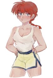 Rule 34 | 1girl, blue eyes, blush, braid, braided ponytail, breasts, cleavage, closed mouth, highres, legs, medium breasts, ranma-chan, ranma 1/2, red hair, simple background, solo, white background, yuigacyako