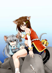 Rule 34 | 3girls, absurdres, adapted costume, aged down, aged up, alternate hair length, alternate hairstyle, animal ears, ass, bike shorts, black eyes, black hair, blonde hair, breasts, brown hair, capelet, cat ears, cat girl, cat tail, chen, chibi, earrings, fang, female focus, grey hair, grin, hair ornament, hairclip, highres, jewelry, kemonomimi mode, kneepits, lizard, long hair, mouse (animal), mouse ears, multicolored hair, multiple girls, multiple tails, nazrin, nekomata, no headwear, open mouth, phenne, red eyes, short hair, single earring, sitting, smile, stone, tail, teardrop, tiger ears, toramaru shou, touhou, white legwear, yellow eyes