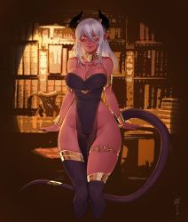 Rule 34 | 1girl, armlet, asymmetrical legwear, bare arms, bare shoulders, black leotard, black thighhighs, bookshelf, bracelet, breasts, chest tattoo, colored skin, commentary, commission, cropped legs, demon girl, english commentary, hair between eyes, highleg, highleg leotard, horns, jewelry, large breasts, leotard, less, long hair, mismatched legwear, orange eyes, original, pelvic curtain, pointy ears, red skin, silver hair, solo, tail, tattoo, thigh gap, thighhighs, thighlet, wide hips