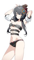 Rule 34 | 1girl, armpits, arms behind head, arms up, artist request, bare shoulders, belt, belt bra, bikini, bikini bottom only, black bikini, black hair, breasts, collarbone, commission, contrapposto, cowboy shot, detached sleeves, elsword, eve (2nas) (elsword), eve (elsword), facial mark, grin, hair ornament, hair over shoulder, half-closed eyes, hat, highres, long hair, looking at viewer, low twintails, mini hat, mini top hat, multiple belts, navel, orange eyes, second-party source, simple background, small breasts, smile, solo, standing, stomach, swimsuit, thighs, top hat, twintails, white background