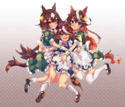 Rule 34 | 3girls, alternate costume, animal ears, apron, black footwear, blue bow, blue dress, blue eyes, blush, bow, closed mouth, commentary request, dress, ear bow, ear ornament, earrings, enmaided, frilled dress, frills, gradient background, green dress, grin, horse ears, horse girl, horse tail, jewelry, loafers, long hair, looking at viewer, maid, maid apron, mihasame, multicolored hair, multiple girls, open mouth, pink bow, polka dot, polka dot background, ponytail, puffy short sleeves, puffy sleeves, purple eyes, red bow, red eyes, shoes, short sleeves, single earring, sirius symboli (umamusume), smile, socks, streaked hair, symboli rudolf (umamusume), tail, thighhighs, tokai teio (umamusume), umamusume, v, white socks, white thighhighs, wrist cuffs