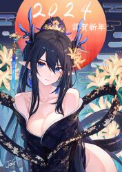 Rule 34 | 1girl, 2024, absurdres, baek hyang, bare shoulders, black hair, blue eyes, blue hair, breasts, cleavage, collarbone, colored inner hair, dragon girl, dragon horns, dragon tail, high ponytail, highres, horns, japanese clothes, kimono, large breasts, long sleeves, multicolored hair, original, pointy ears, solo, tail