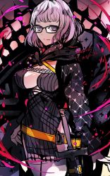 Rule 34 | 1girl, belt, black-framed eyewear, black dress, black jacket, blunt bangs, breasts, cleavage, closed mouth, commentary, cropped jacket, dated, dress, fate/grand order, fate (series), glasses, grey eyes, grey hair, highres, hood, hood down, hooded jacket, jacket, jacques de molay (foreigner) (fate), large breasts, looking at viewer, open clothes, open jacket, rioka (southern blue sky), sheath, sheathed, short dress, short hair, shrug (clothing), signature, smile, solo, sword, thighs, weapon, yellow belt