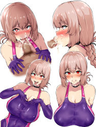 Rule 34 | 1boy, 1girl, :&gt;, blush, braid, breasts, censored, choker, cleavage, competition swimsuit, covered erect nipples, cum, cum in mouth, ejaculation, elbow gloves, facial, fate/grand order, fate (series), fellatio, florence nightingale (fate), gloves, heart, heart-shaped pupils, heavy breathing, hetero, highres, huge breasts, long hair, looking at viewer, mon (manarestra), mosaic censoring, one-piece swimsuit, open mouth, oral, penis, pink hair, purple gloves, purple one-piece swimsuit, red eyes, simple background, smile, stray pubic hair, swimsuit, symbol-shaped pupils, tongue, tongue out, white background