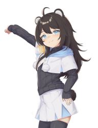 Rule 34 | 1girl, :3, absurdres, ahoge, animal ears, bear ears, bear girl, bear tail, black hair, black shirt, black thighhighs, blue eyes, commission, cowboy shot, hand on own hip, highres, klaius, layered sleeves, long hair, long sleeves, looking at viewer, original, outstretched arm, pom pom (clothes), ribbed shirt, shirt, short over long sleeves, short sleeves, skirt, sleeves past wrists, smile, solo, tail, thighhighs