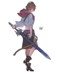 Rule 34 | 1boy, ahoge, belt, brown hair, fanny pack, floating clothes, from behind, full body, gladiator sandals, granblue fantasy, hair between eyes, holding, holding sword, holding weapon, hood, hood down, iwashi (morpho000), jacket, looking at viewer, male focus, male swimwear, messy hair, official alternate costume, profile, red eyes, red hood, sandalphon (granblue fantasy), sandalphon (summer) (granblue fantasy), sandals, smile, solo, swim trunks, sword, weapon, white background, white jacket