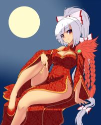 Rule 34 | 1girl, alternate costume, alternate hairstyle, arm support, bare shoulders, bow, breasts, china dress, chinese clothes, cleavage, cleavage cutout, clothing cutout, detached sleeves, dress, fujiwara no mokou, full moon, hair bow, hijikawa arashi, holding, holding smoking pipe, jpeg artifacts, kiseru, long hair, long sleeves, looking at viewer, moon, pelvic curtain, ponytail, red eyes, red footwear, shoes, sitting, smile, smoking pipe, solo, thighs, touhou, very long hair, white bow, white hair, wide sleeves