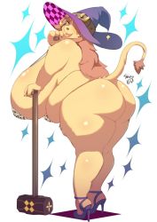 Rule 34 | 1girl, artist name, ass, bikini, blush, breasts, brown hair, claws, curvy, fat, full body, furry, hair between eyes, hair over one eye, hammer, hat, hat belt, hat over one eye, heart, high heels, highres, huge breasts, lion, lion girl, looking at viewer, open mouth, original, plump, profile, shiny skin, shirokoma (wagahai hakushaku), sideboob, sparkle background, standing, swimsuit, tail, thick thighs, thighs, white background, wide hips, witch hat, yellow eyes