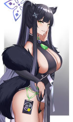 Rule 34 | 1girl, animal ears, ass, black dress, black hair, black panties, blue archive, blunt bangs, breasts, cat ears, china dress, chinese clothes, cleavage, clothes lift, detached sleeves, dress, dress lift, feather boa, from side, gaitoou, gradient background, green eyes, hair ornament, halo, hand on own face, highres, large breasts, lifted by self, long hair, long sleeves, looking at viewer, looking to the side, panties, parted lips, ponytail, shun (blue archive), sideboob, simple background, smile, solo, standing, underwear, very long hair