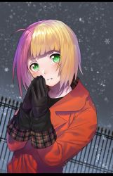 Rule 34 | 1boy, ahoge, androgynous, bad id, bad twitter id, blonde hair, blush, erubo, gloves, green eyes, looking at viewer, male focus, multicolored hair, original, own hands together, parted lips, pink hair, snowflakes, solo, split-color hair, theodor bachstein, trap, two-tone hair