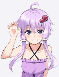 Rule 34 | 1girl, ahoge, arm up, bare arms, bare shoulders, blush, breasts, collarbone, commentary request, criss-cross halter, dress, fingernails, grey background, grin, hair between eyes, hair ornament, halterneck, highres, kohakope, long hair, purple dress, purple eyes, purple hair, sidelocks, simple background, small breasts, smile, solo, upper body, voiceroid, yuzuki yukari