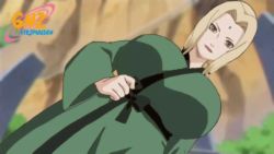 Rule 34 | 1girl, animated, breasts, cleavage, curvy, facial mark, forehead mark, gnz, haori, highres, huge breasts, japanese clothes, long hair, looking at viewer, mature female, naruto, naruto (series), naruto shippuuden, nude, smile, sound, standing, tsunade (naruto), undressing, video