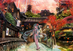 Rule 34 | 1girl, absurdres, aqua eyes, aqua hair, aqua kimono, architecture, autumn leaves, bamboo, bamboo forest, bridge, character name, commentary, daimonji, east asian architecture, falling leaves, floating hair, floral print, flower, forest, hair flower, hair ornament, hatsune miku, highres, holding, holding flower, huge filesize, japanese clothes, kimono, kyoto, lantern, leaf, long hair, looking at viewer, maple leaf, nature, obi, oil-paper umbrella, pink flower, red umbrella, reflection, ripples, s misaki, sandals, sash, scenery, smile, solo, standing, tabi, temple, translated, twintails, umbrella, very long hair, vocaloid, yasaka pagoda, zouri